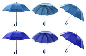 2 Set of dark light blue turquoise canopy umbrella parasol brolly, on transparent cutout PNG file. Many assorted different angles. Mockup template for artwork design