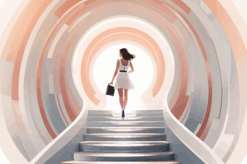 Wall Mural - woman below is an open round white luminous portal illustration