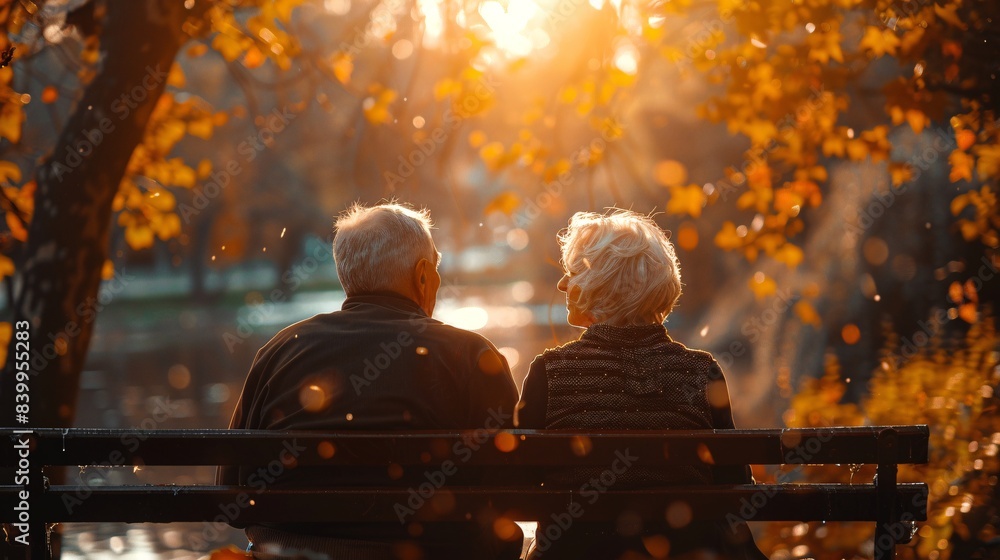 Elderly couple sitting on a bench in a park, back view. Shallow depth ...