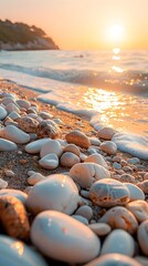 Wall Mural - Tranquil Seaside Dawn with Smooth Pebbles and Gentle Waves Peaceful Coastal Landscape