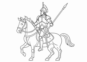 Wall Mural - Continuous one line drawing of roman knight ridding horse with spear. Gladiator riding horse and holding spear single outline vector illustration