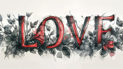 Wall Mural - The word Love drawn with pencil and paint on a white background with leaves.