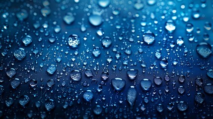 Close-up of water droplets on a glossy blue surface, creating a refreshing and soothing visual texture. Ideal for backgrounds and abstracts.