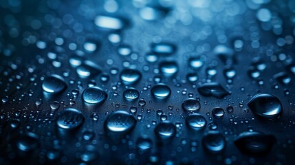 Wall Mural - Close-up of water droplets on a dark surface, reflecting blue light. Captures the beauty and intricacy of moisture in a high-definition macro shot.