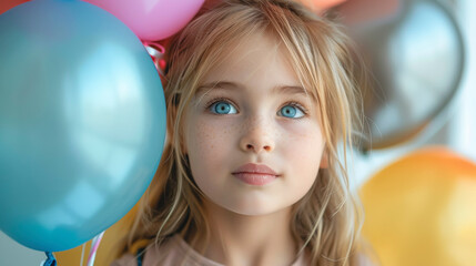 portrait of a sweet little girl against a background of balloons.
