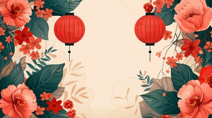 Elegant floral background featuring red lanterns and vibrant flowers, perfect for festive and cultural celebrations.