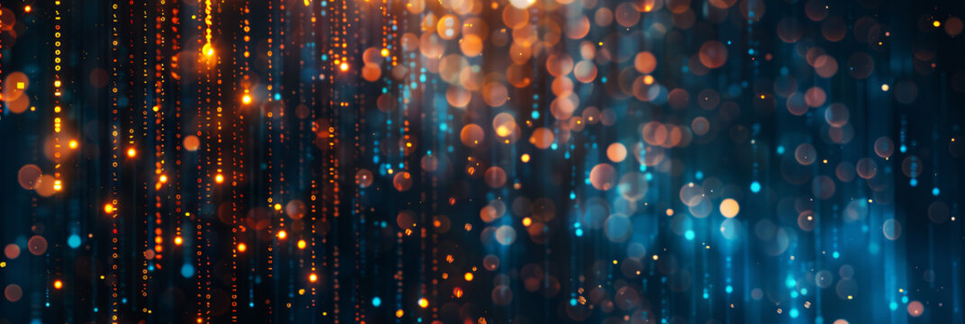 Abstract binary code background with glowing bokeh lights, blue and orange