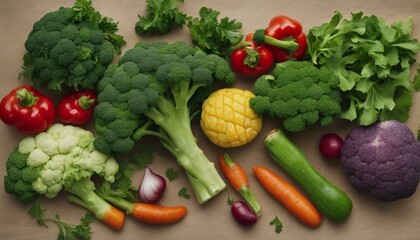 Wall Mural - A close-up view of a vibrant vegetable assortment, featuring fresh broccoli florets and cilantro leaves. The scene is colorful and inviting.