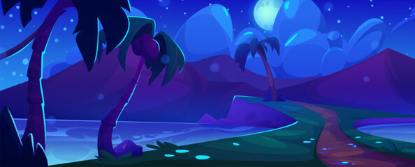 Night summer island scenery with palm trees. Vector cartoon illustration of dark tropical land with mountains, coconuts on palm trees, footpath on sea shore, moon and stars glowing in cloudy sky