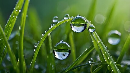 Wall Mural - Delicate morning dewdrop glistens on a blade of grass