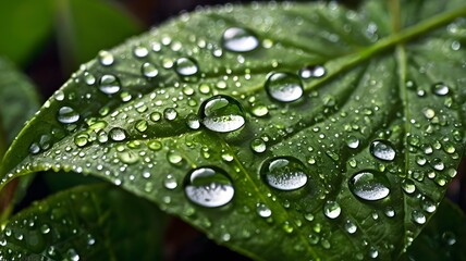 Wall Mural - A close-up of dewdrops glistening on a fresh green leaf