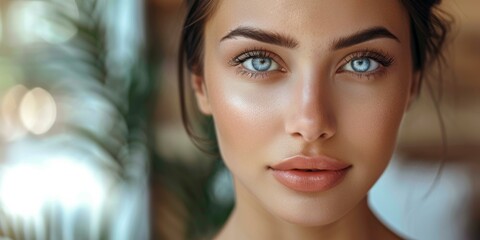 Canvas Print - A close up of a woman with blue eyes and brown hair. AI.