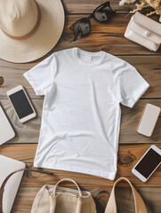Wall Mural - White t-shirt on a table surrounded by some items for a mockup template