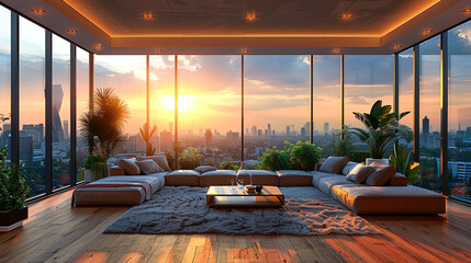 Wall Mural - Modern living room interior with panoramic city view. 3D rendering