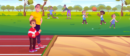 Teen boy and male coach stand near box of sand for long jumps in public park or stadium. Cartoon vector sport activity concept with kids play basketball ball and jumping rope, adults doing fitness.