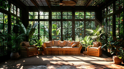 Interior of a tropical botanical garden with green plants and furniture