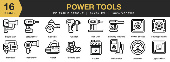 Set of 16 Power Tools icon set. Editable Stroke Icon Collection. Includes saw tool, nail gun, planer, cooker,  ammeter, and More. Outline icons vector collection.