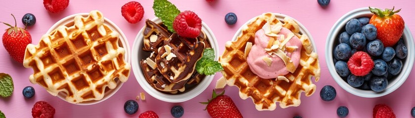 Wall Mural - Two waffles with whipped cream and fruit toppings on a pink background. The waffles are served with a variety of toppings including bananas, strawberries, and nuts. Concept of indulgence and enjoyment