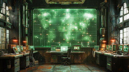 Wall Mural - 3d rendering of a computer room in a factory with a green screen