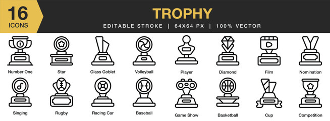 Wall Mural - Set of 16 Trophy icon set. Editable Stroke Icon Collection. Includes  star, basebal, diamond, player, singing trophy,  and More. Outline icons vector collection.