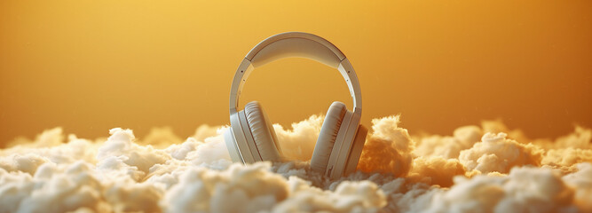 A pair of over-ear headphones floating atop a fluffy white cloud with a solid soft yellow background