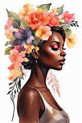 The watercolor silhouette of dark-skinned woman with bright summer tropical flowers in her hair is summer portrait. Freedom, femininity, wedding, makeup, stylist, Barber, bride.
