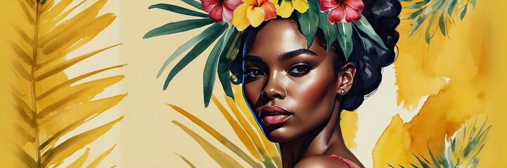 The watercolor silhouette of dark-skinned woman with bright summer tropical flowers in her hair is travel portrait. Freedom, femininity, wedding, makeup, stylist, Barber, bride. 