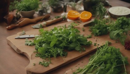 Wall Mural - A wooden cutting board holds fresh green and purple herbs: mint, parsley, cilantro, thyme, sage, rosemary, chives, garlic, arugula, basil, with an orange for color.