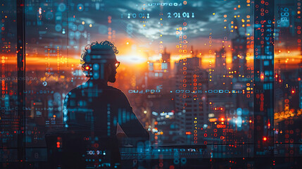 Wall Mural - Double exposure of businessman working on laptop computer at modern office with big window and cityscape and binary code. Technology and innovation concept.