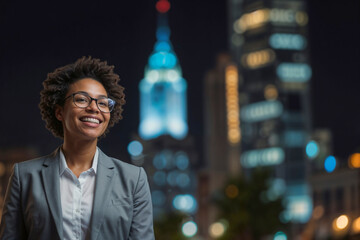 Portrait of happy African American woman is smiling and looking at the camera on background of night city with copy space