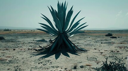 Poster -   Green plant in desert landscape surrounded by dirt and tall grass, blue sky background