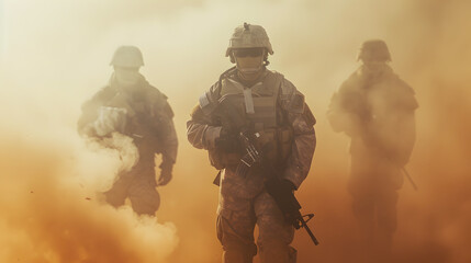 Three soldiers in full combat gear emerge from a dusty battlefield, creating a powerful and intense military scene.