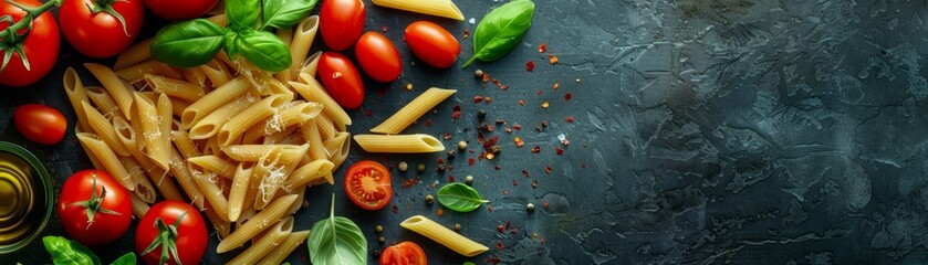 Wall Mural - A black background with a variety of food items including tomatoes, basil, and cheese. Concept of abundance and variety, with the different food items arranged in a visually appealing manner