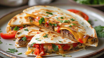 A close up of a delicious quesadilla on a plate with fresh tomatoes, a tasty and appetizing meal