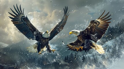 Two Bald Eagles fly in a snowy mountain landscape