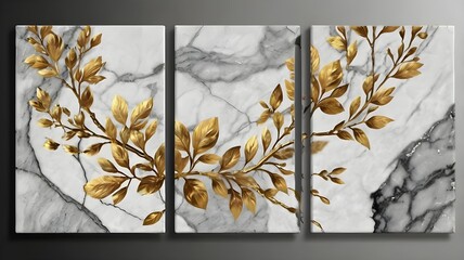 Wall Mural - 3 panel wall art, marble background flowers designs, wall decoration.