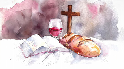 Wall Mural - A watercolor painting depicting the elements of Holy Communion, with bread, wine, and a cross, representing the body and blood of Christ