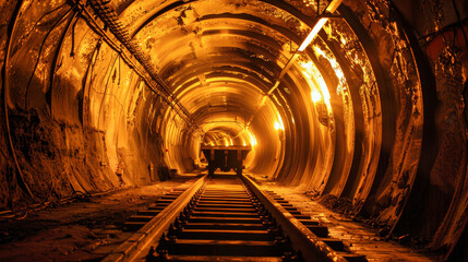 A single ore cart travels through a long, dark, and winding mine tunnel, illuminated only by the faint glow of overhead lights