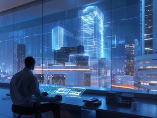 Wall Mural - AI as an architect, designing buildings, 3D holographic blueprints, modern office, futuristic architecture 