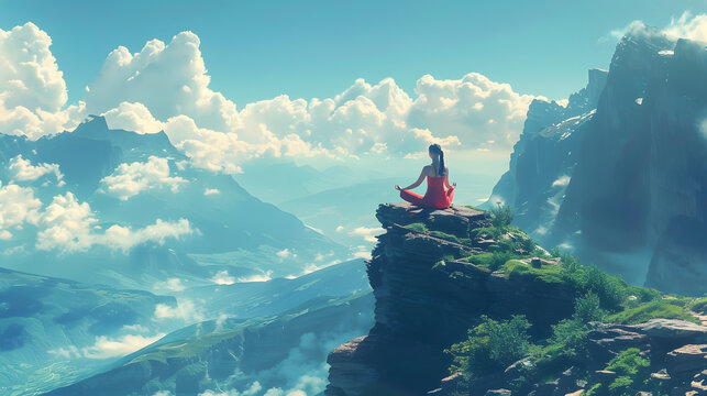 Woman meditating on mountain top, surrounded by clouds and natural landscape