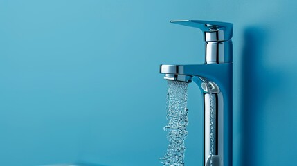 Minimalist water faucet against a blue backdrop, showcasing the flow of tap water in a clean, modern design