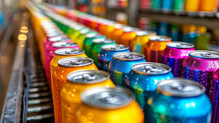 Wall Mural - A row of colorful cans of soda on a conveyor belt