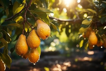 Wall Mural - stunningly beautiful garden with pear trees at dawn in the golden hour. abundance of ripe large fruits on the branches. yellow pears. harvesting.