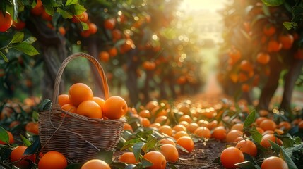 Wall Mural - stunning orchard with rows of trees, an abundance of ripe oranges on branches with green leaves, a basket with large ripe oranges stands in the foreground, sunlight passes through the leaves,