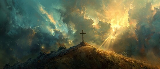 Dramatic sunset with a cross on a hill, symbolizing hope, spirituality, and faith amidst contrasting storm clouds and sun rays.