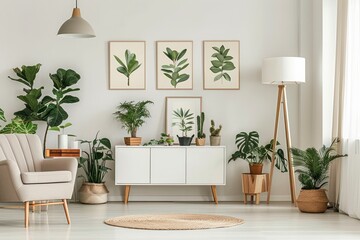 Wall Mural - Botanical posters on the wall in a living room interior with white cabinet, wooden lamp and plants.