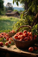 Wall Mural - abundance of ripe nectarines on branches with green leaves, a basket with large ripe nectarines stands in the foreground, sunlight passes through the leaves, a pastoral scene of peace and tranquility
