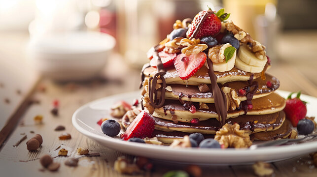 Savory pancakes topped with strawberries, sliced bananas, crunchy nuts, sweet blueberries, and velvety chocolate sauce, showcased in enticing food photography.

