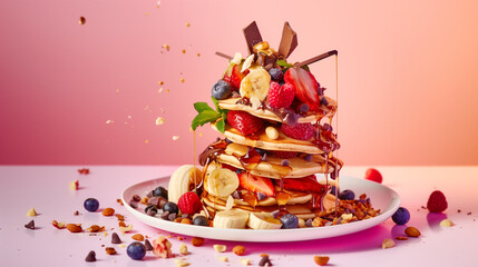 Wall Mural - Mouthwatering pancakes with strawberries, bananas, nuts, blueberries, and chocolate sauce, expertly captured in delectable food photography.


