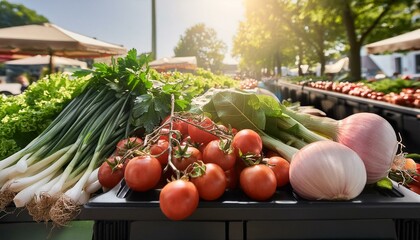 Wall Mural - Farmers market stall on a sunny day with tomatoes, onions and greens